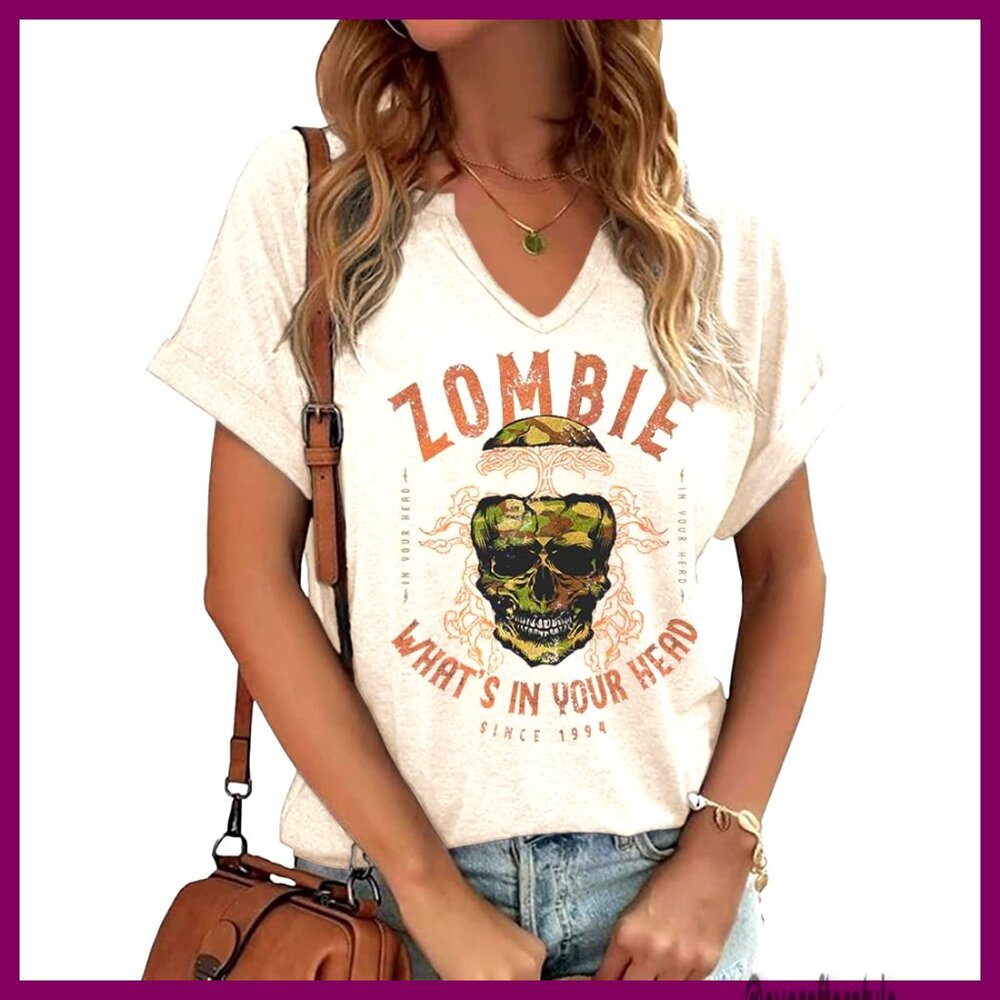 Vintage Rock Band Tee Notched V-Neck Casual Sexy Y2K Retro Graphic T-Shirt